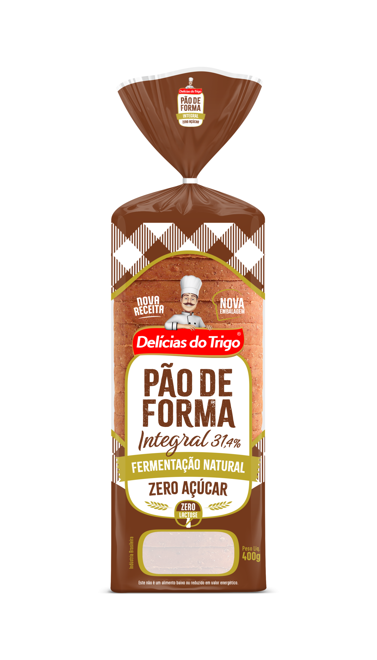 Pão de Forma Integral 31,4% Delicias Do Trigo, com fermentação natural, zero lactose. 400g